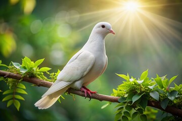 Obraz premium Serene white dove perched on a delicate branch, surrounded by lush greenery, radiating calmness and tranquility, symbolizing hope, peace, and innocence in nature.