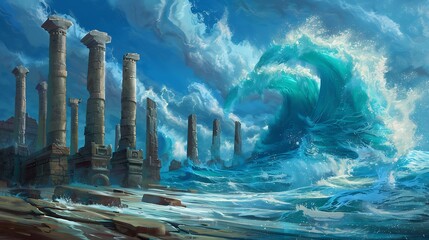 A monumental wave of cerulean and teal, crashing against ancient stone pillars under a sky streaked with wispy clouds.