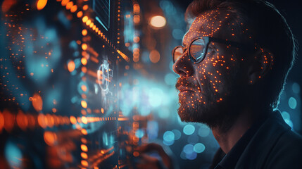  an individual interacts dynamically with a holographic screen, illustrating the fusion of human presence and advanced holographic technology in a captivating interactive experience.