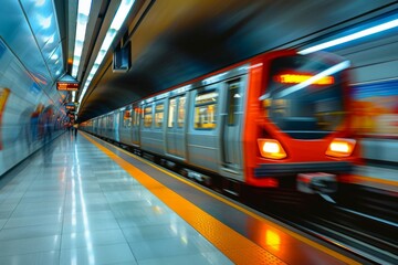 Speeding Metro Train in a Modern Underground Station