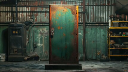 A green door with a rusty lock sits in a room with a green wall