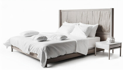 Blank white bed mock up, top view isolated, 3d rendering. Empty blanket and pillows mockup in bedstead. Doss with mattress and bedsheet in place for sleep template. Bedclothes with pilows and duvet