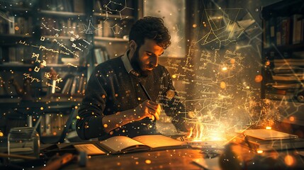 A math expert trying to crack an impossible equation, his mental calculations are surrounded as bright yellow flurry of floating equations and symbols
