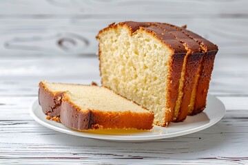 Pound cake on white plate, photo shoot for ads, white wood background image.