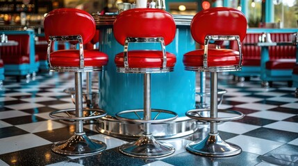 A red and blue restaurant with three red stools and a blue counter