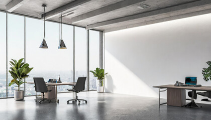 Blank white wall in concrete office with large windows Mockup 3D rendering