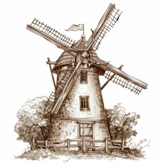 Obraz premium Rustic Pencil Sketch of Traditional Windmill in Earthy Tones - Rural Element Clipart on White Background