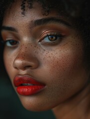 Naklejka premium Close-up shot of a woman's face showing off her freckles, suitable for use in editorial or commercial contexts