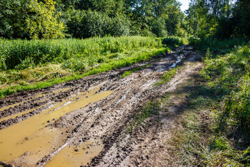 Bad country road with puddles and mud