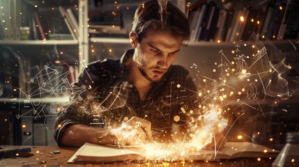 A math expert trying to solve a very hard math equation, his thoughts and in mind calculations are depicted by surrounding of flurry bright yellow holograms