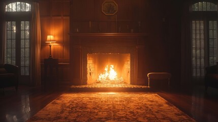 A fireplace is lit in a room with a rug and a chair