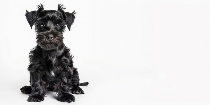 Portrait of a young miniature black schnauzer dog isolated on white background.