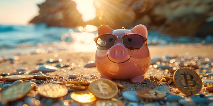 Piggy bank with sunglasses relaxing on a beach next to gold coins. Summer vacation budget, holiday savings. Generative Ai