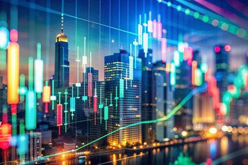 Vibrant glowing candlestick chart with dynamic market data swirls amidst a blurred cityscape, symbolizing the fusion of technology and finance in modern trading.