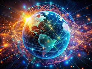 Obraz premium Vibrant neon globe enveloped by swirling digital data streams and intricate AI algorithms, symbolizing the transformative power of artificial intelligence in global e-learning.