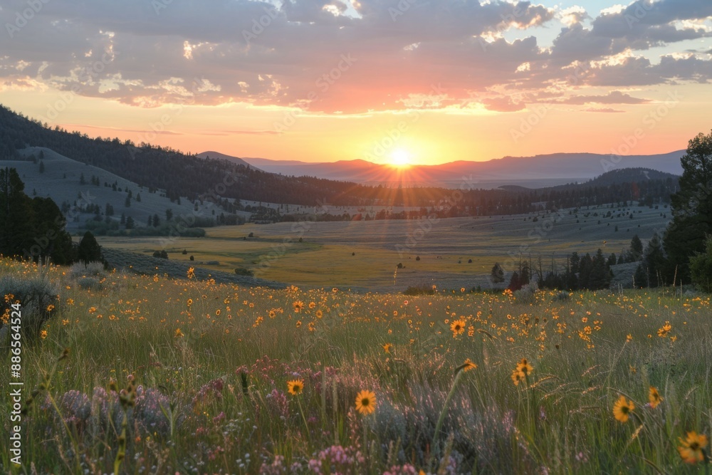 Sticker sunset over a mountain meadow