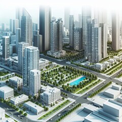 Современный городской пейзаж с высотными зданиями, улицами и парками. 