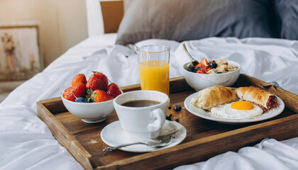 Traditional romantic breakfast in bed in white and beige bedroom