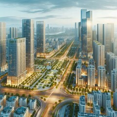 Современный городской пейзаж с высотными зданиями, улицами и парками. 