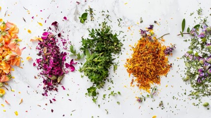 A fresh and vital top view of a cruelty-free herbal tea blend, with various herbs and flowers beautifully displayed on a white surface