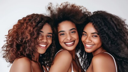 Obraz premium Young beautiful smiling diverse women friends with long salon styled hair posing together, healthy locks. isolated white background