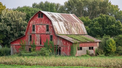Obraz premium A red barn with a green roof sits in a field