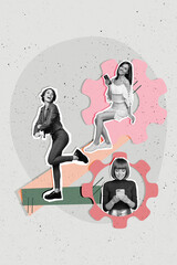Vertical photo collage of three funny girls gears organization improvement hold iphone devices...
