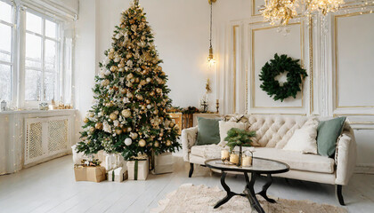 Bright interior of the living room with a sofa and a large Christmas tree. New year's interior.