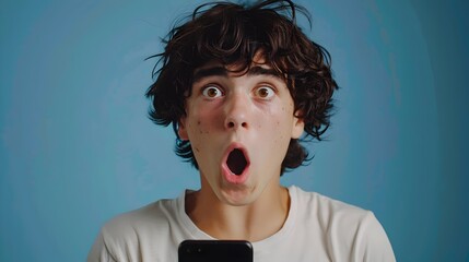 Fearful Teenager Holding Alarming Phone News in Studio Headshot