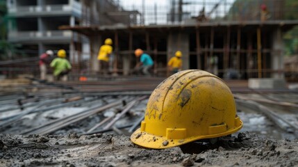 Yellow helmet on a construction site with workers in the background