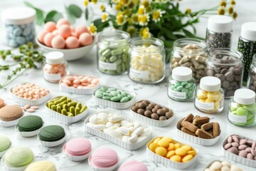 Naklejka premium Medical cannabis edibles neatly arranged on a table, clean and detailed display, Medical Cannabis Treatment, concept of alternative consumption