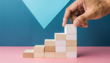 Business concept growth success process, Close up man hand arranging wood block stacking as step stair on paper blue and pink background, copy space.