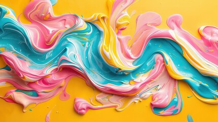 Obraz premium An abstract painting with swirls of pink, blue, and yellow paint.