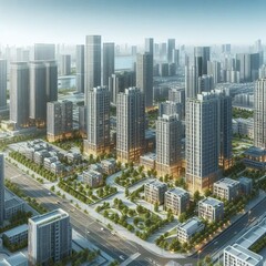 Современный городской пейзаж с высотными зданиями, улицами и парками. 