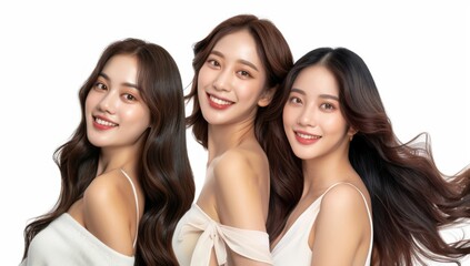 Three beautiful smiling korean asian women with long hair posing together women friends with long salon styled hair posing together, healthy locks. isolated white background. Friends Group