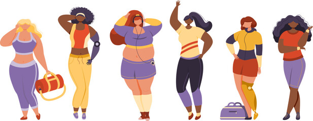 An illustration of six women in vibrant sportswear. The girls have diverse body shapes, weights, skin tones, and some have prosthetic limbs.