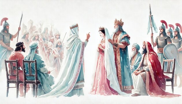 Esther Saves Her People, Esther 5:9 &ndash; 10:3. Digital watercolor illustration.