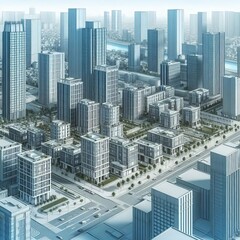 Obraz premium Современный городской пейзаж с высотными зданиями, улицами и парками. 