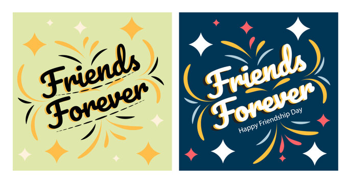 Two cards with pink backgrounds and scalloped edges the top card reads Friends Forever in blue cursive and the bottom card says Happy Friendship Day in festive multicolored font Colorful star