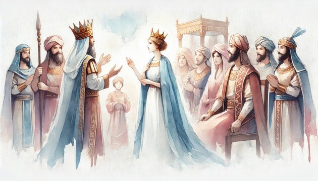 Esther Saves Her People, Esther 5:9 &ndash; 10:3. Digital watercolor illustration.