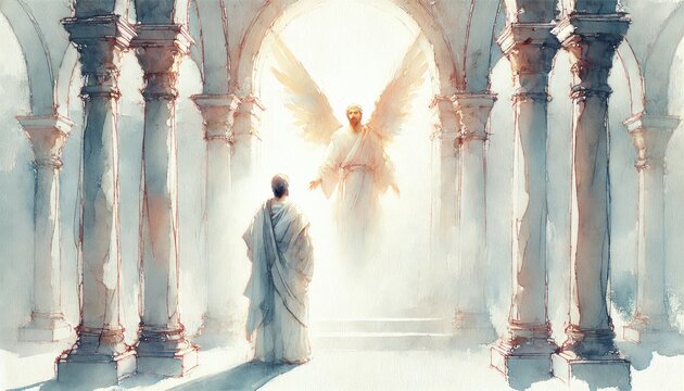 Gabriel&rsquo;s Announcements to Zechariah,  Luke 1:5-80. Digital watercolor illustration.