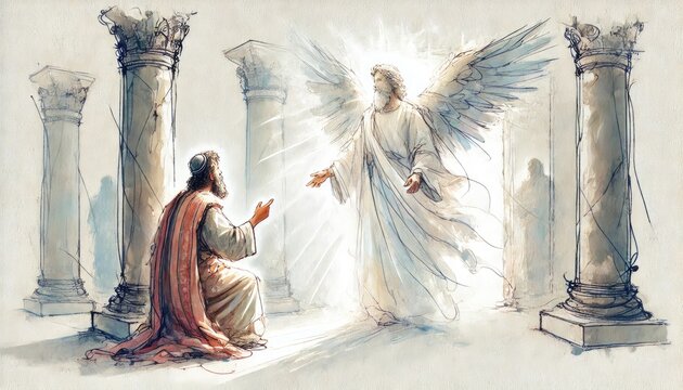 Gabriel&rsquo;s Announcements to Zechariah,  Luke 1:5-80. Digital watercolor illustration.