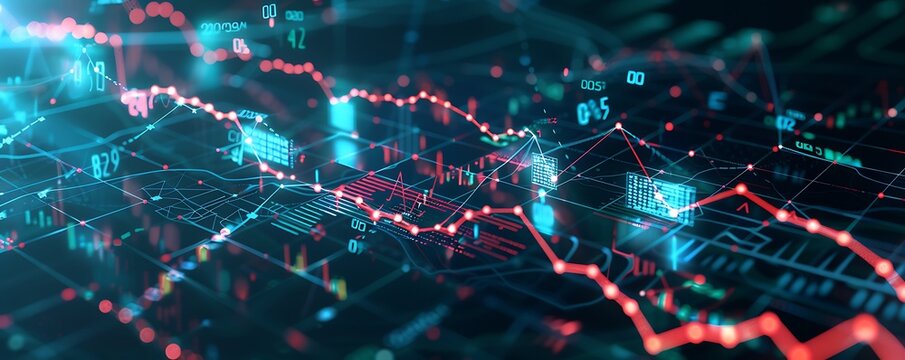 Abstract digital financial chart with interconnected indicators, each node pulsating with data points, illustrating complex market dynamics and economic trends.