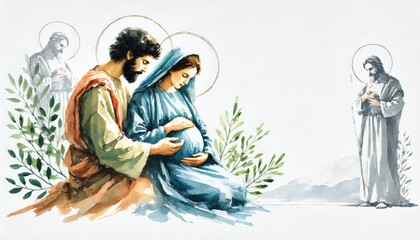 Joseph with Mary pregnant, Matthew 1:18-25 & Luke 2:1-39. Digital watercolor illustration.