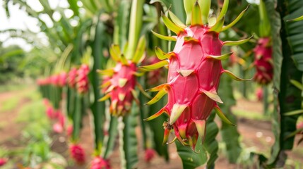 A row of ripe, pink dragon fruit hangs from a vine, surrounded by lush green foliage in a tropical garden