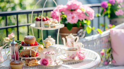 Fototapeta premium Inviting terrace tea party with coffee, pastries, floral and fruity decorations for a cozy ambiance