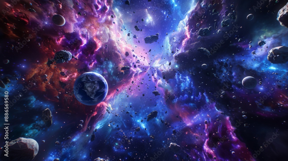 Poster A blue planet floats in space, surrounded by a vibrant nebula and a field of asteroids.