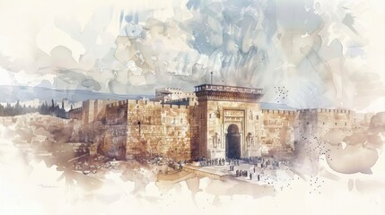 Fototapeta premium Rebuilding the Temple of Jerusalem, Ezra 1-6 & Haggai 1-2. Digital watercolor illustration.