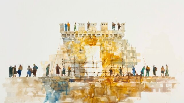 Rebuilding the Temple of Jerusalem, Ezra 1-6 & Haggai 1-2. Digital watercolor illustration.