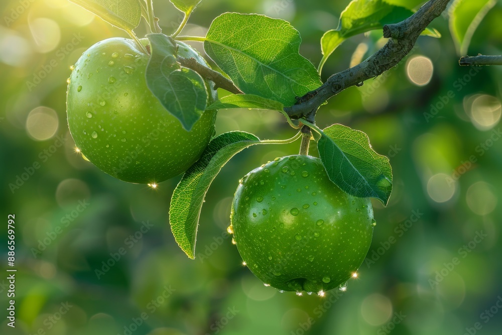 Sticker Fresh Green Apples on Tree